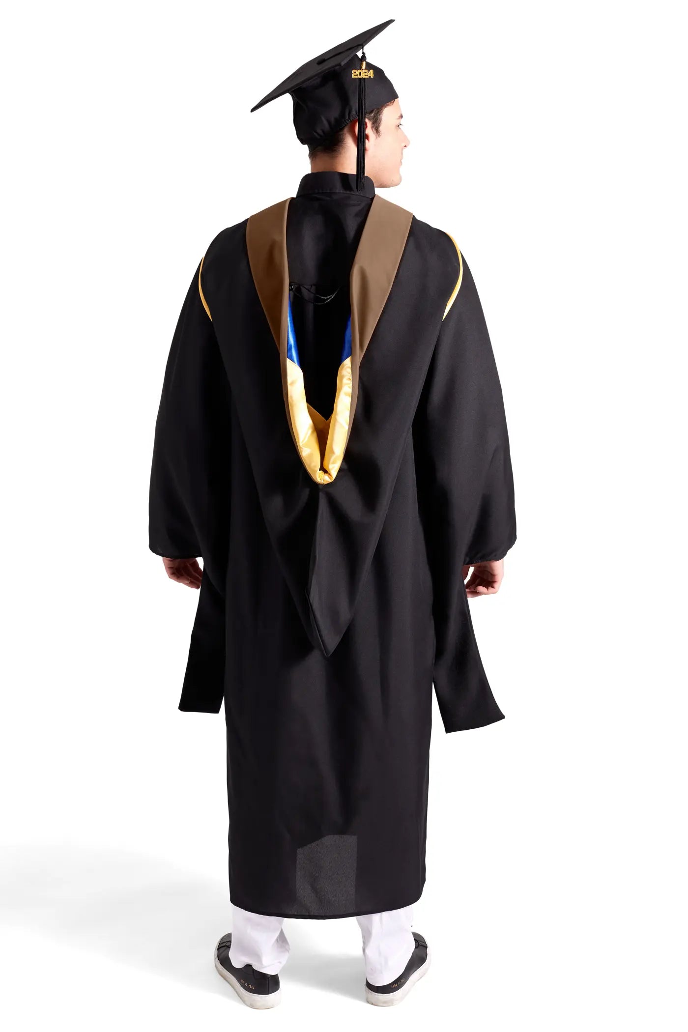 HAPPY TASSEL | UC Santa Barbara Master's Regalia Set, include master's gown with pockets, mortarboard cap, brown hood, and tassel with year charm.