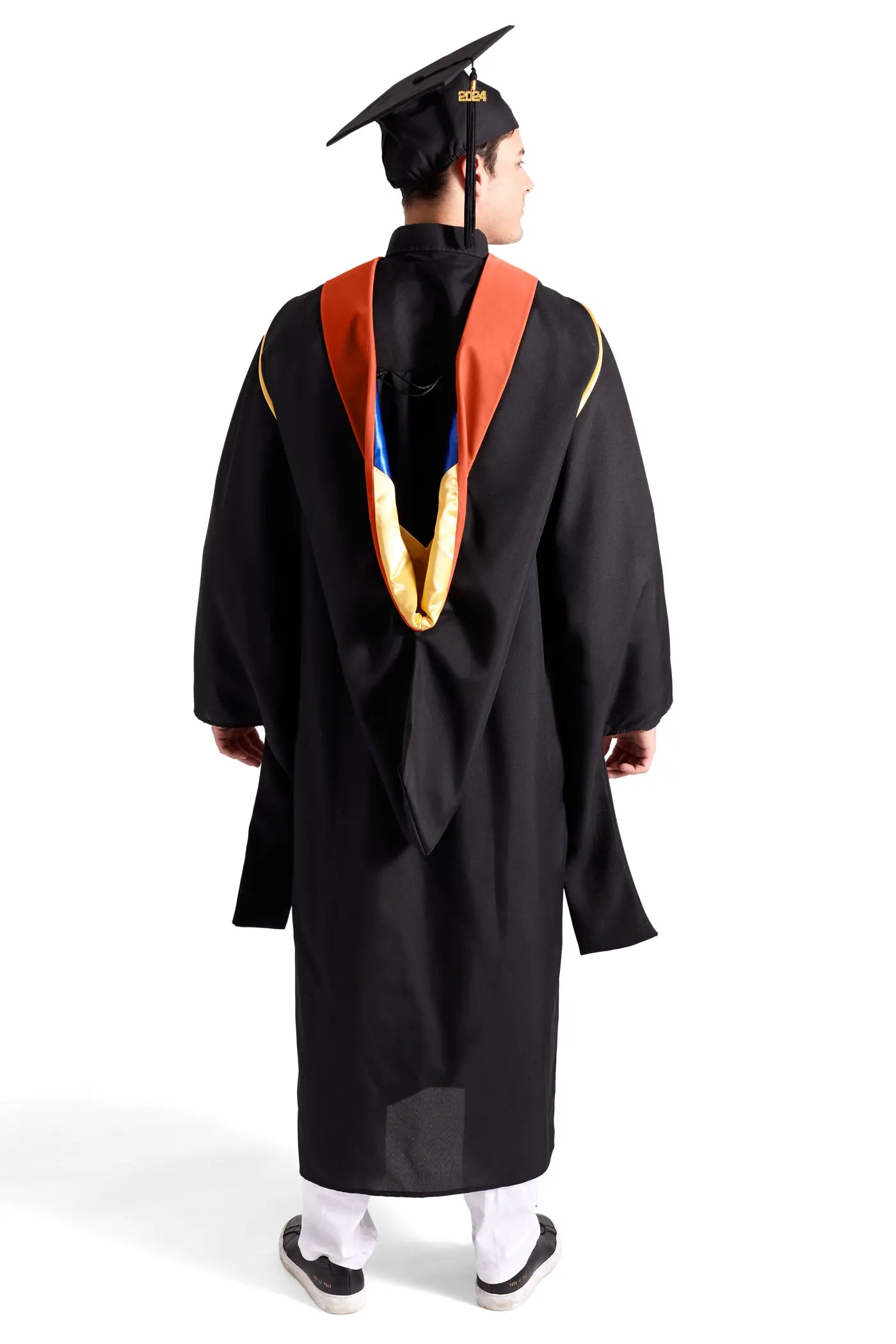 HAPPY TASSEL | UC Santa Barbara Master's Regalia Set, include master's gown with pockets, mortarboard cap, copper hood, and tassel with year charm.