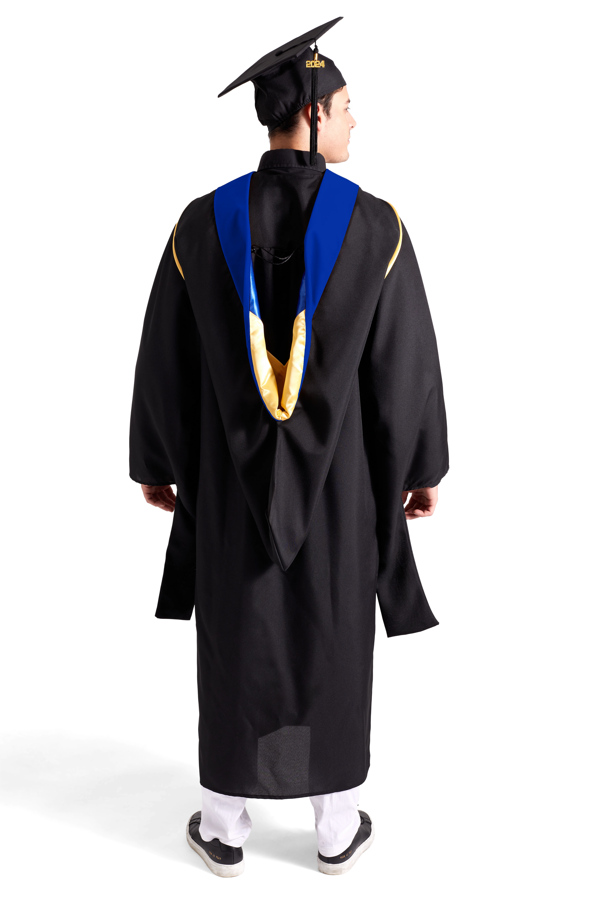 HAPPY TASSEL | UC Riverside Master's Regalia Set, include master's gown with pockets, mortarboard cap, dark blue hood, and tassel with year charm. | Philosophy