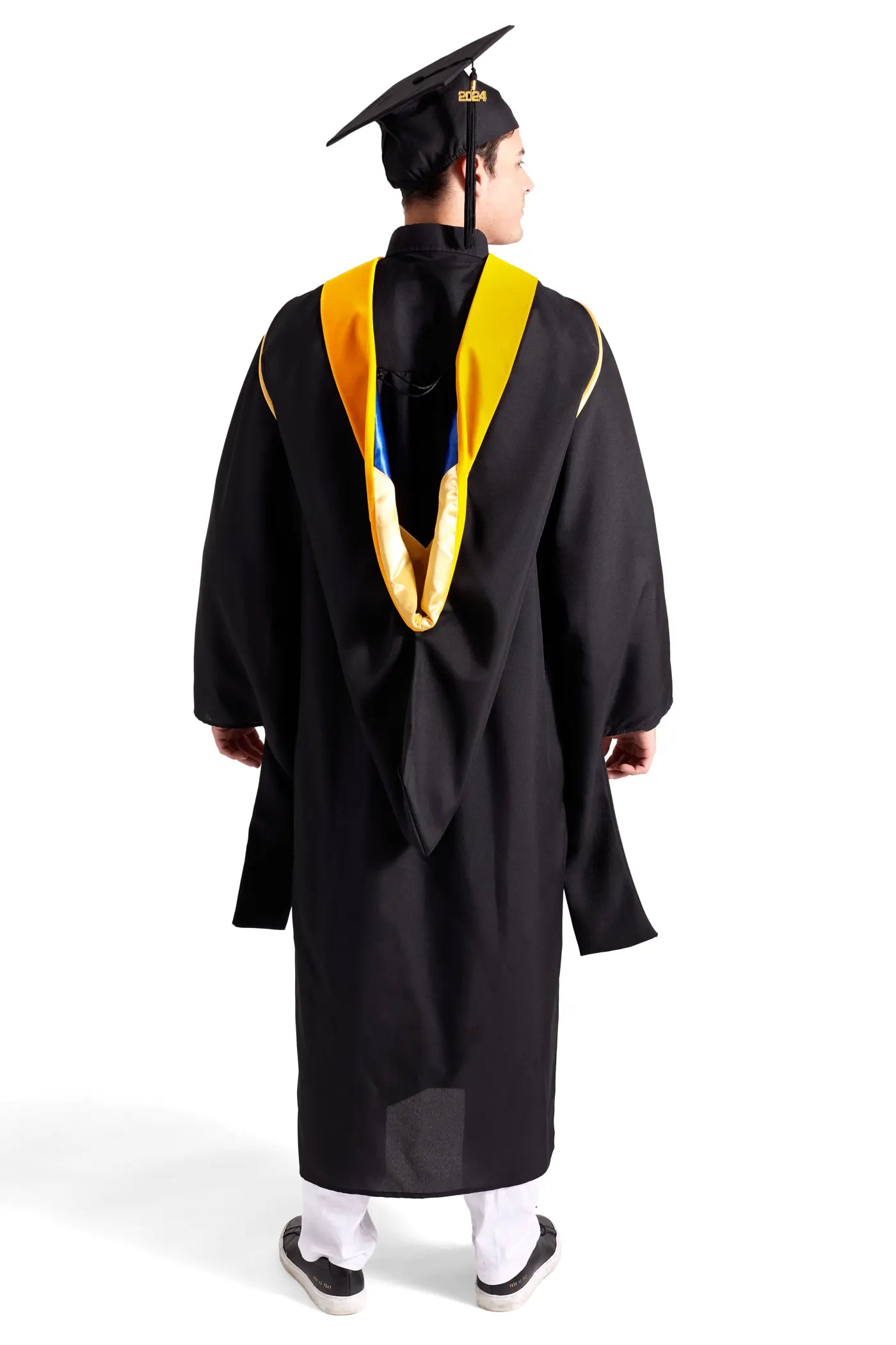 HAPPY TASSEL | UC Riverside Master's Regalia Set, include master's gown with pockets, mortarboard cap, golden yellow hood, and tassel with year charm. | Biomedical Sciences & College of Natural & Agricultural Sciences Degrees