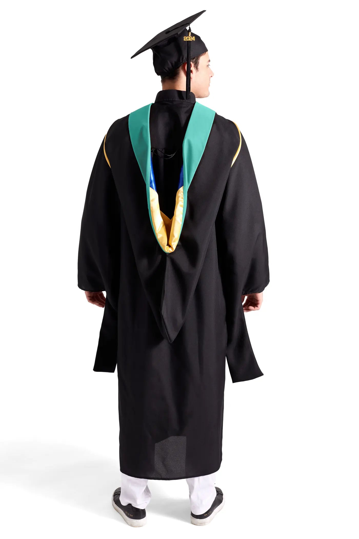 HAPPY TASSEL | UC Santa Barbara Master's Regalia Set, include master's gown with pockets, mortarboard cap, light blue hood, and tassel with year charm.