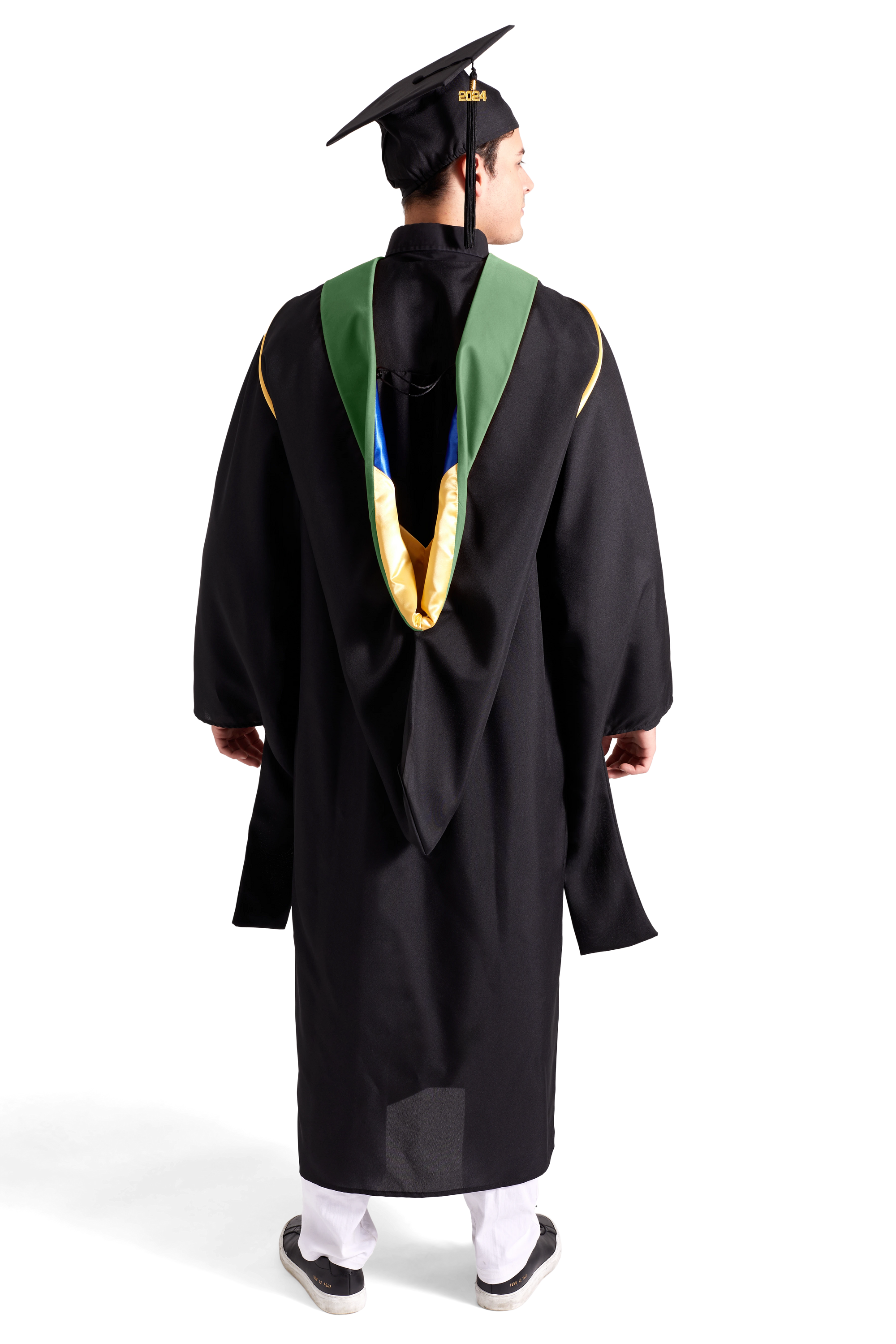 HAPPY TASSEL | UC San Francisco Master's Regalia Set, include master's gown with pockets, mortarboard cap, olive hood, and tassel with year charm.