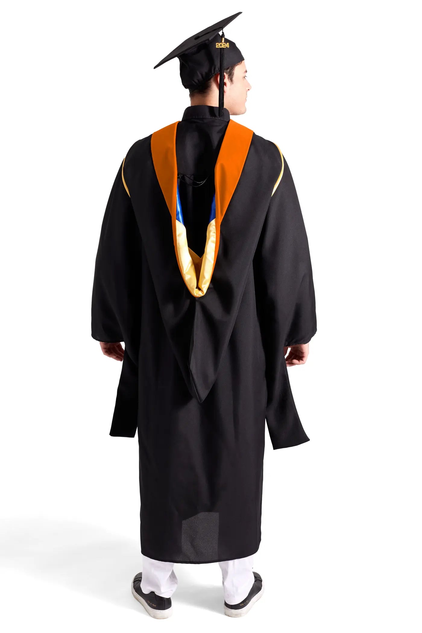 HAPPY TASSEL | UC Santa Barbara Master's Regalia Set, include master's gown with pockets, mortarboard cap, orange hood, and tassel with year charm.