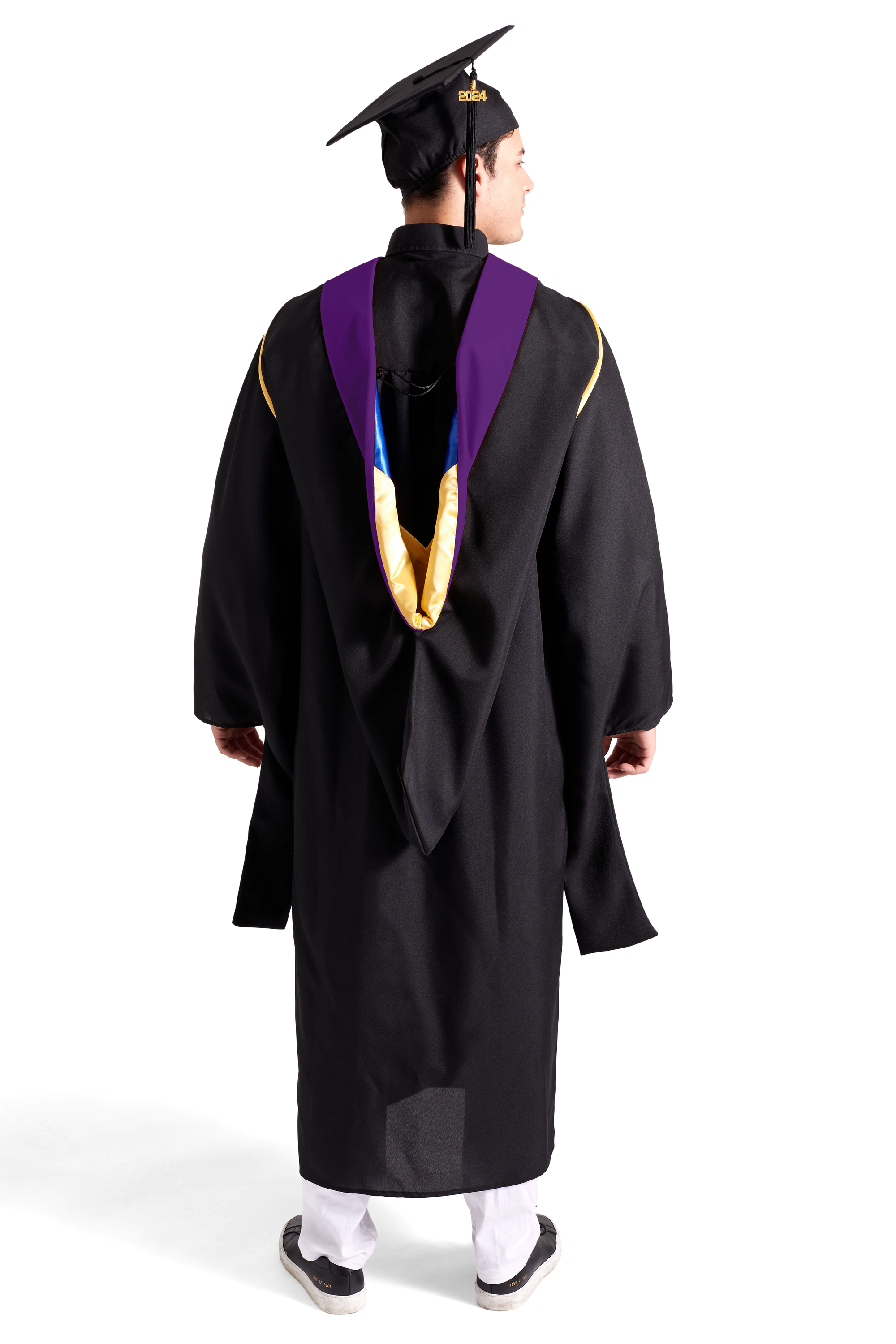 HAPPY TASSEL | UC Berkeley Master's Regalia Set, include master's gown with pockets, mortarboard cap, purple hood, and tassel with year charm.