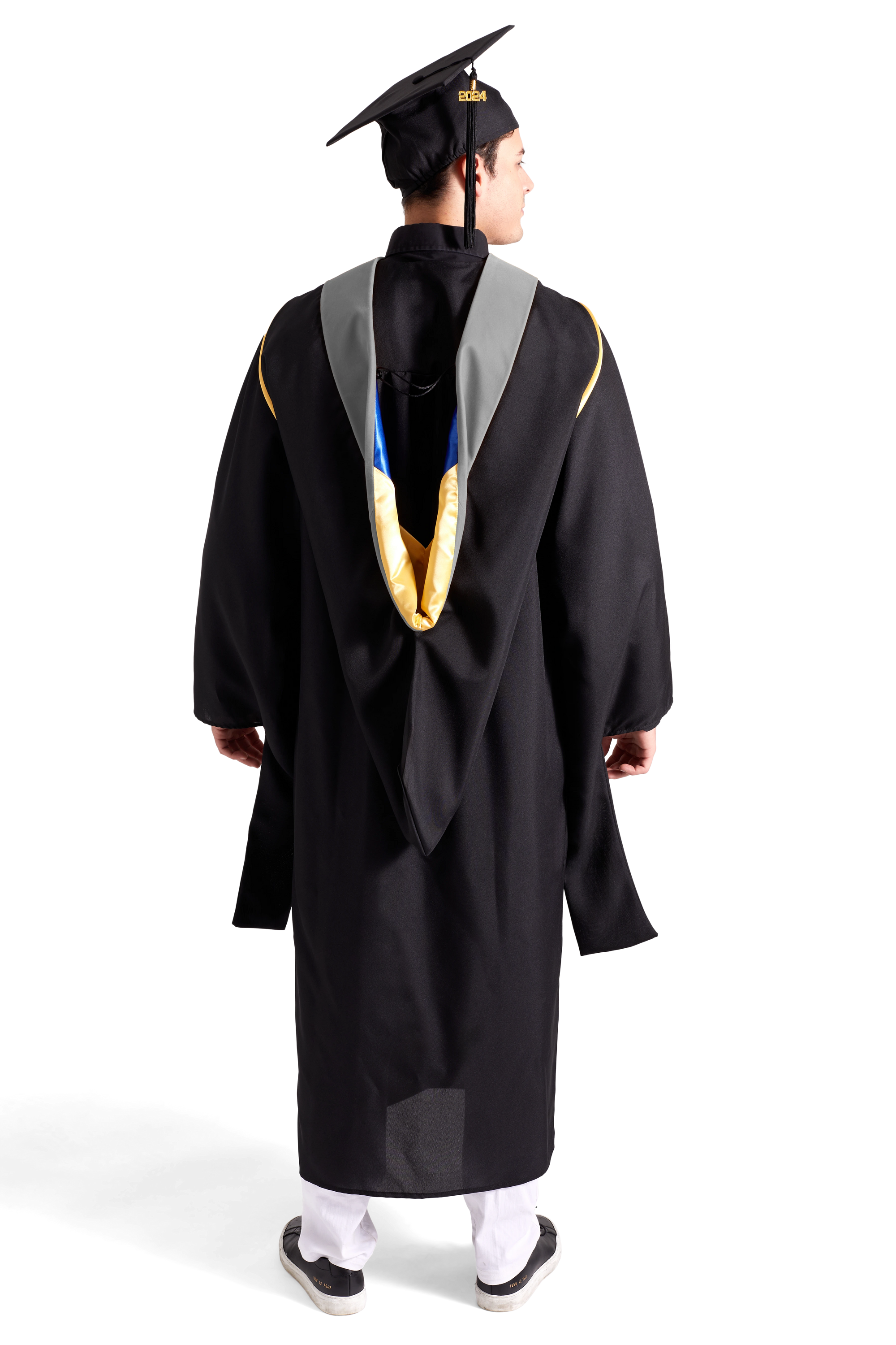 HAPPY TASSEL | UC Santa Barbara Master's Regalia Set, include master's gown with pockets, mortarboard cap, silver gray hood, and tassel with year charm.