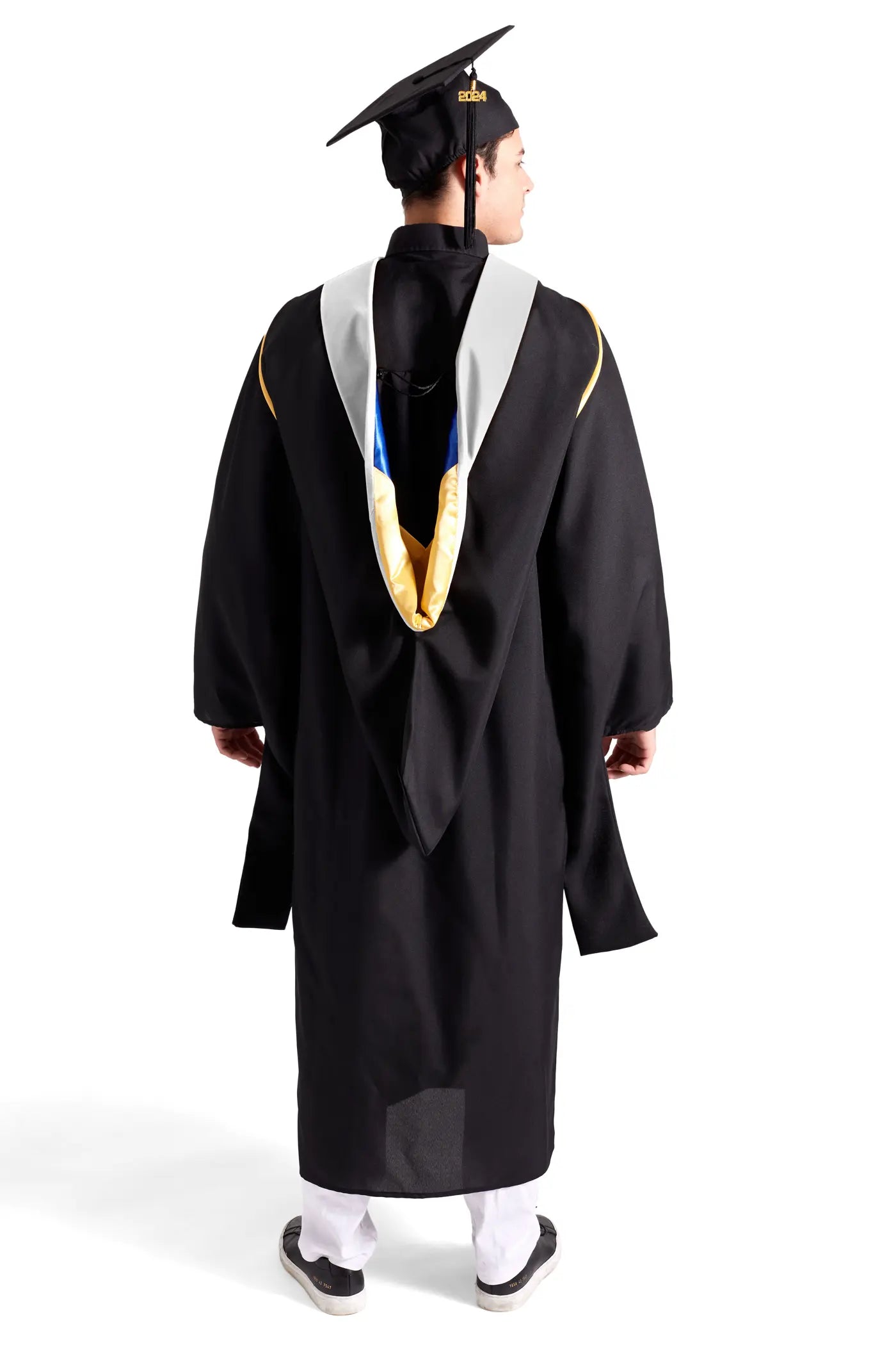 HAPPY TASSEL | UC Santa Barbara Master's Regalia Set, include master's gown with pockets, mortarboard cap, white hood, and tassel with year charm.