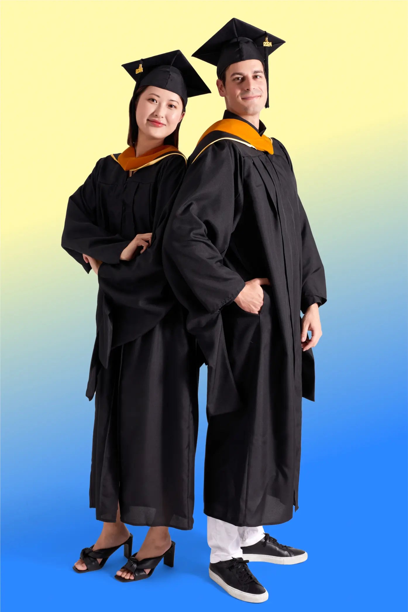 HAPPY TASSEL | UC Santa Barbara Master's Regalia Set, include bachelors gown with pockets, mortarboard cap, and tassel with year charm.