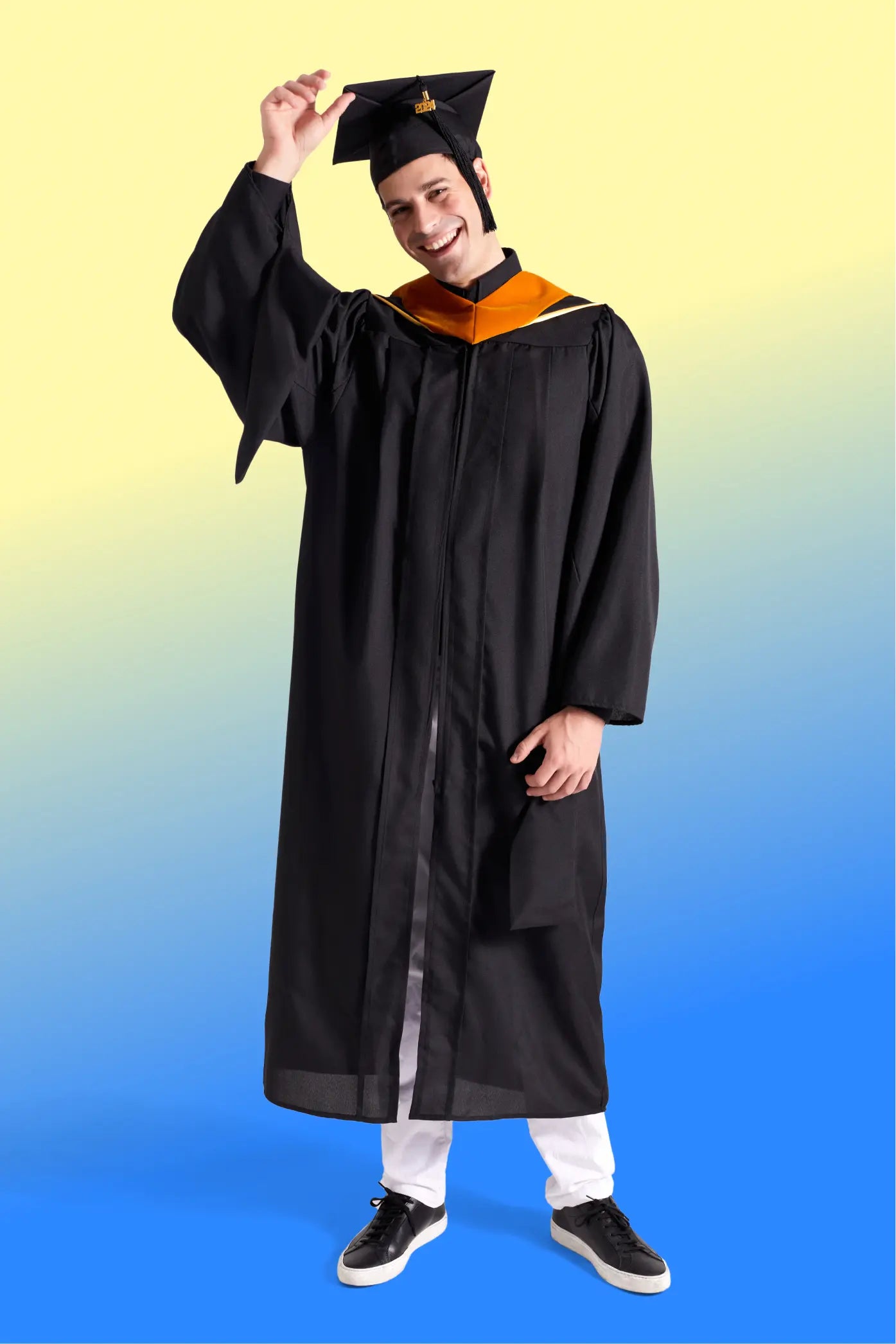 HAPPY TASSEL | UC Santa Barbara Master's Regalia Set, include master's gown with pockets, mortarboard cap, degree hood, and tassel with year charm.