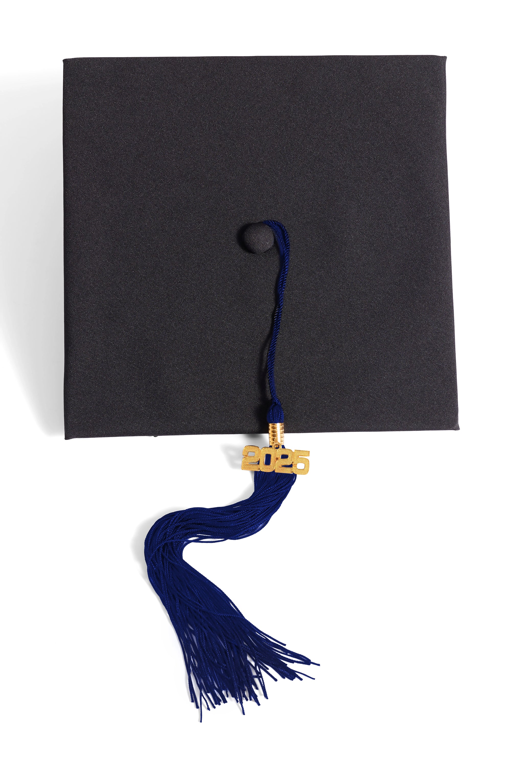 HAPPY TASSEL | Cal Poly Pomona Bachelor's Regalia Set, include bachelors gown with pockets, mortarboard cap, and dark blue tassel with year charm.