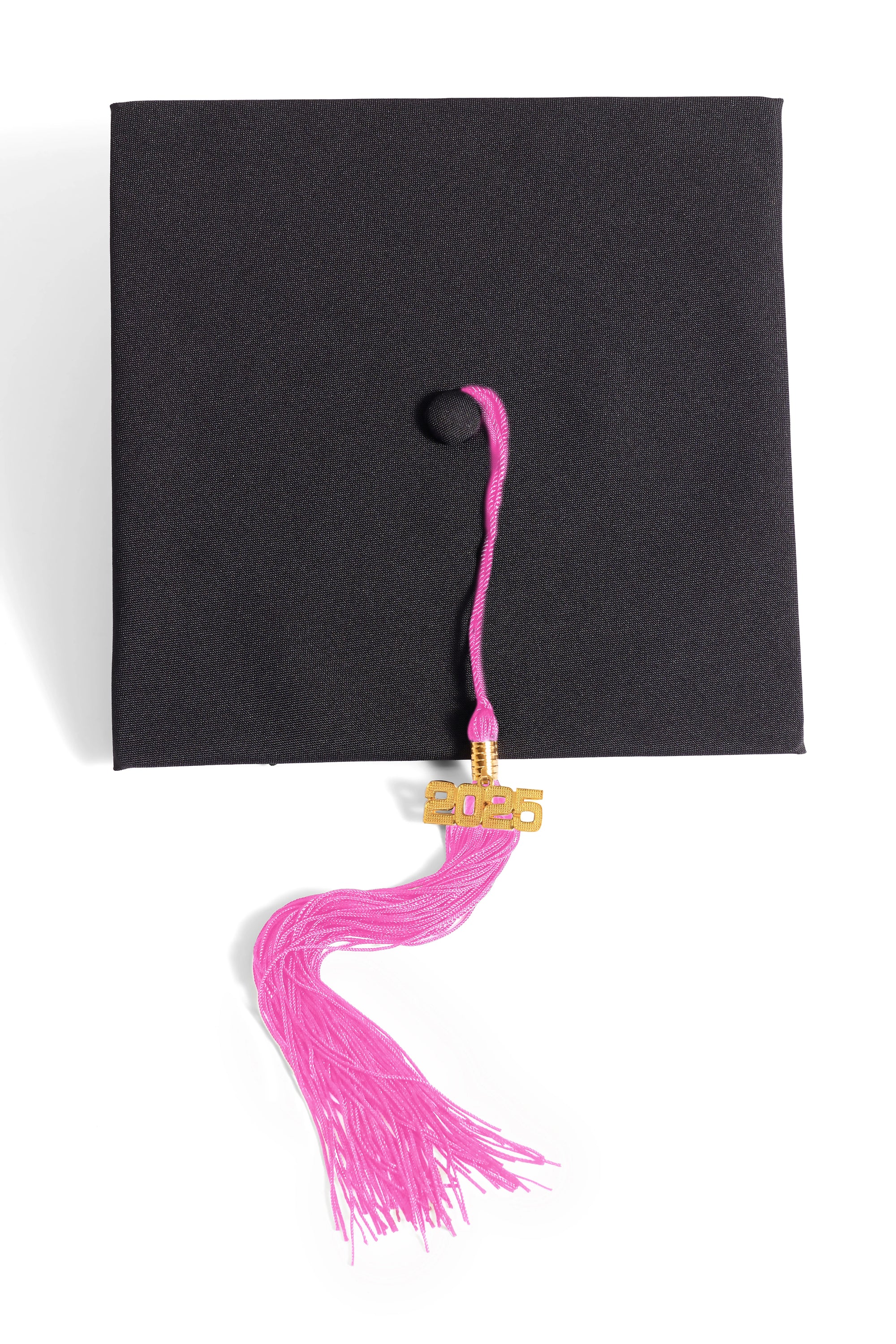 HAPPY TASSEL | Cal Poly Pomona Bachelor's Regalia Set, include bachelors gown with pockets, mortarboard cap, and pink tassel with year charm.