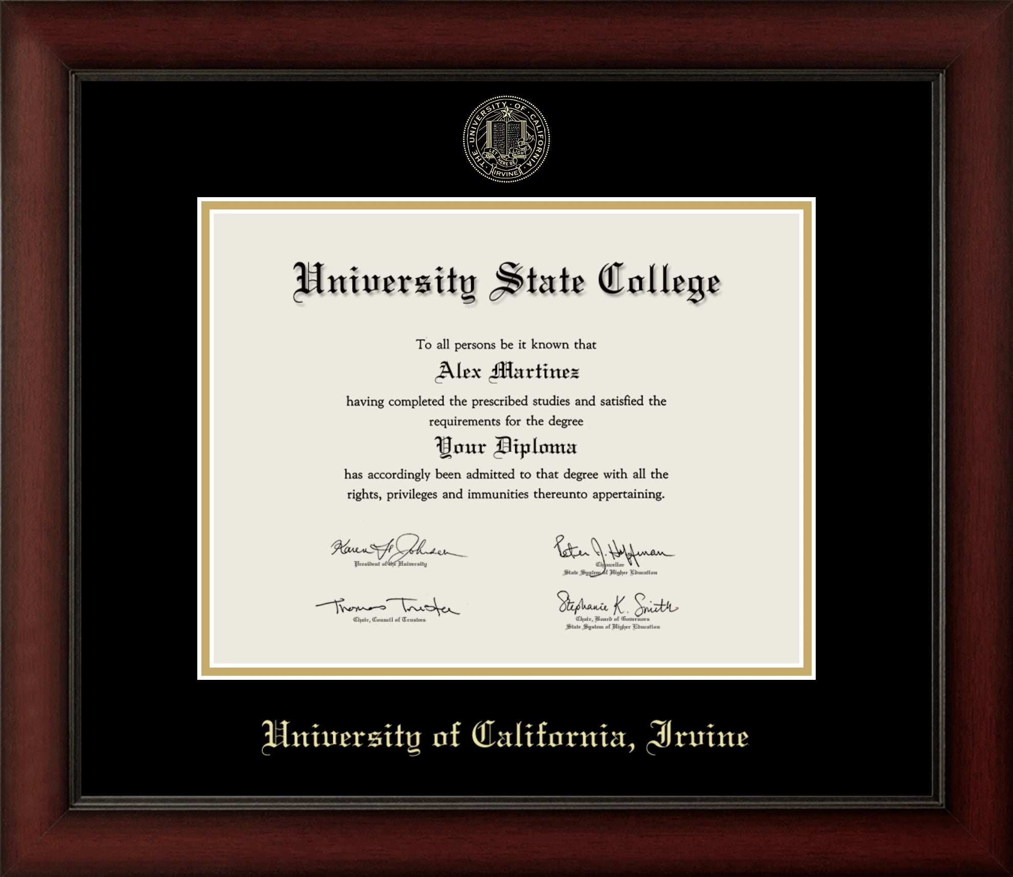 HAPPY TASSEL | UC Irvine Cherry Wood Diploma Frame for Bachelor and Master Graduates. Designed and made in USA.