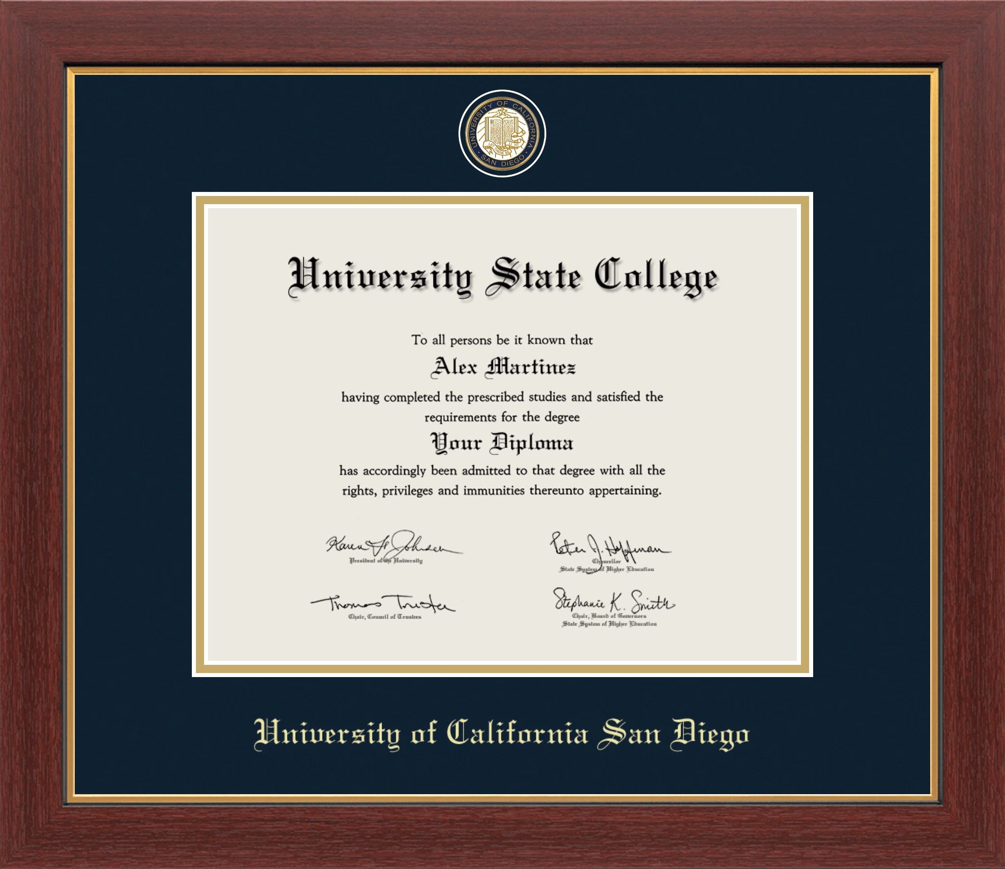 HAPPY TASSEL | UC San Diego Medallion Diploma Frame for Bachelor and Master Graduates. Designed and made in USA.