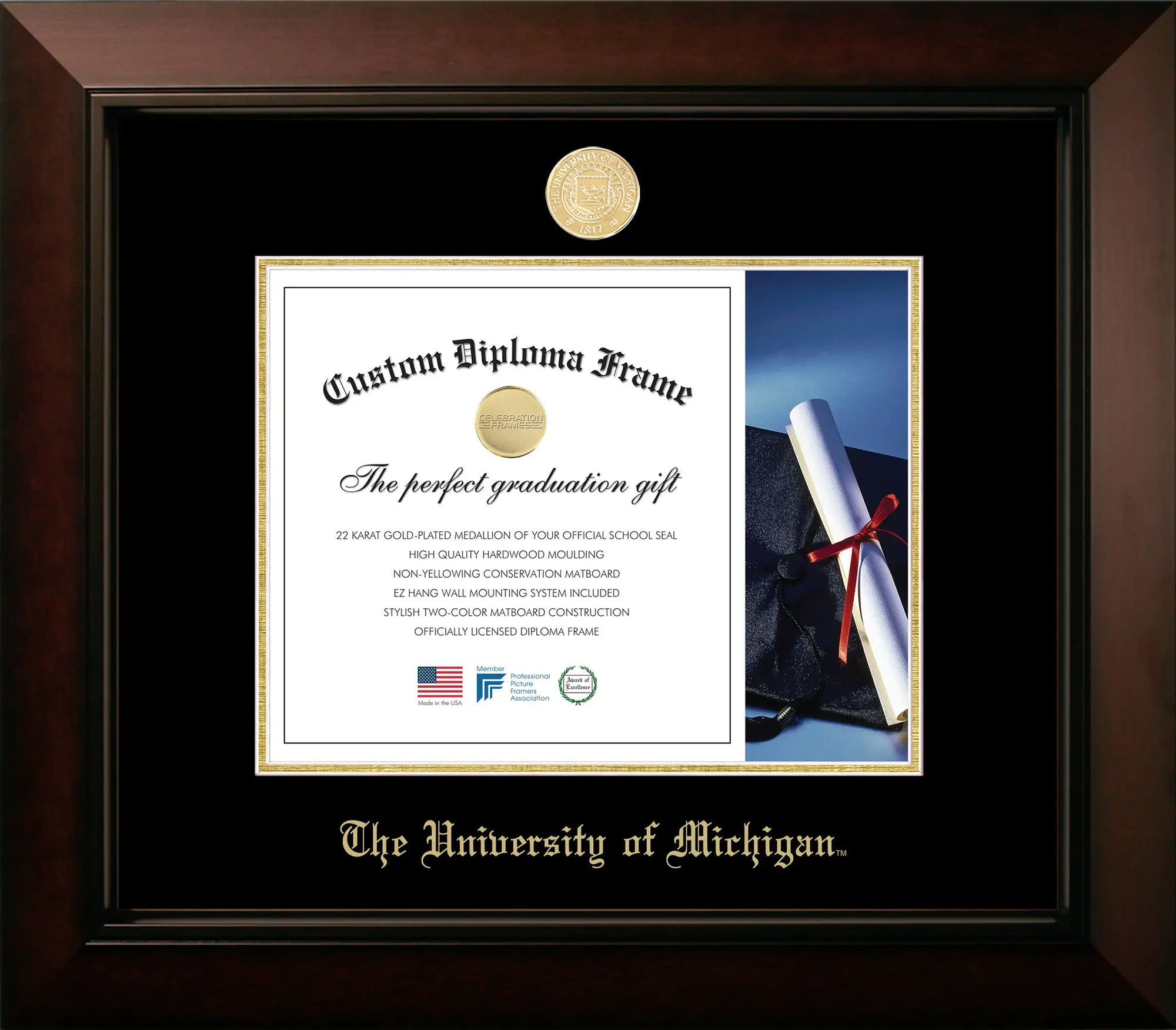 Happy Tassel | University of Michigan Legacy Diploma Frame for Bachelor and Master Graduates. Designed and made in USA.