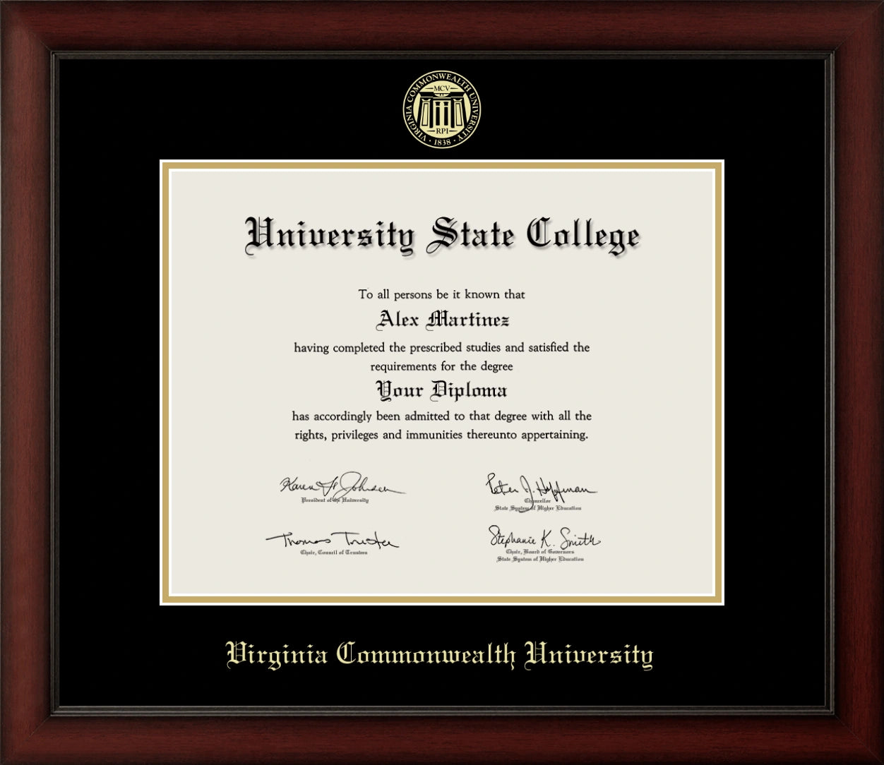 Happy Tassel | Virginia Commonwealth University Cherry Wood Diploma Frame for All Graduates. Designed and made in USA.