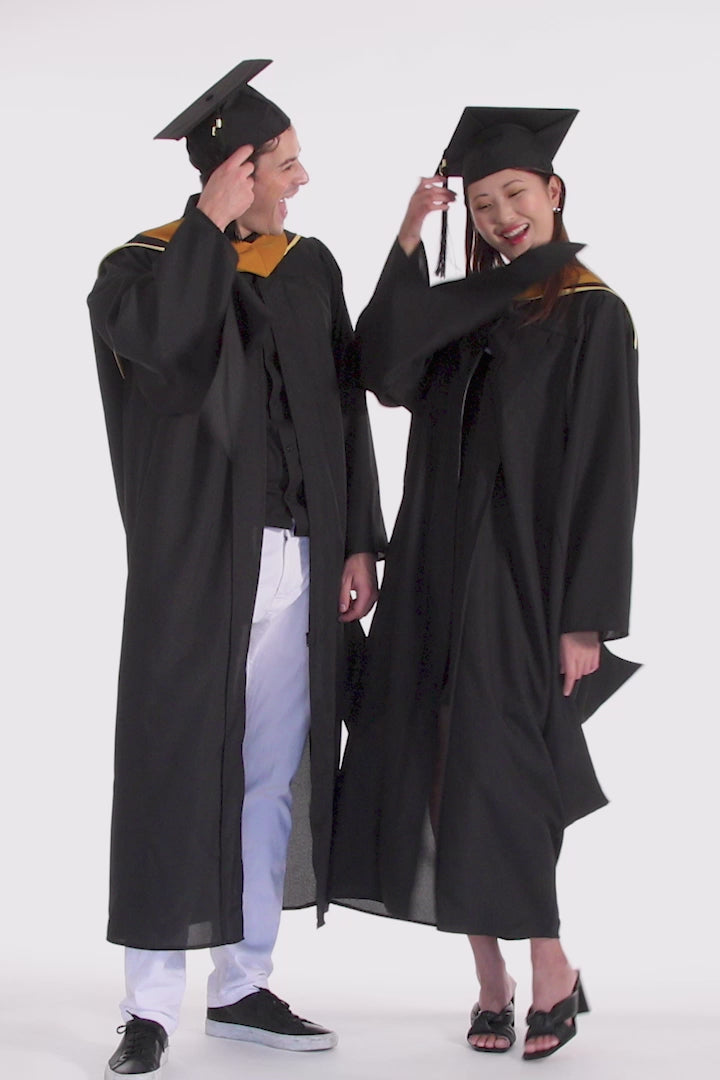 HAPPY TASSEL | UC Riverside Master's Regalia Set, include master's gown with pockets, mortarboard cap, degree hood, and tassel with year charm.